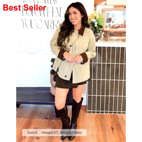 Oversized Cotton Barn Jacket with Contrast Collar, Lightweight Zip Up Cargo Coat - Picture 6 of 7